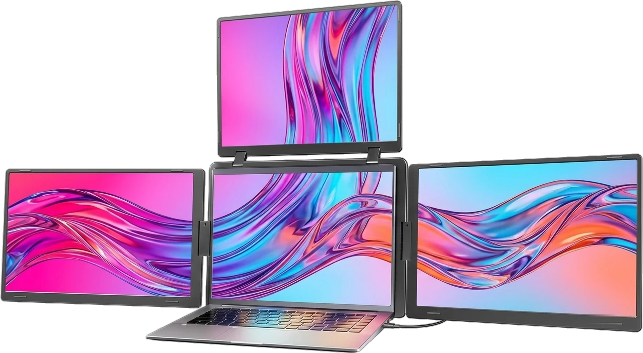 Dockup Triple Pro — laptop med tre 16-tommers skjermer som viser fargerike bølger