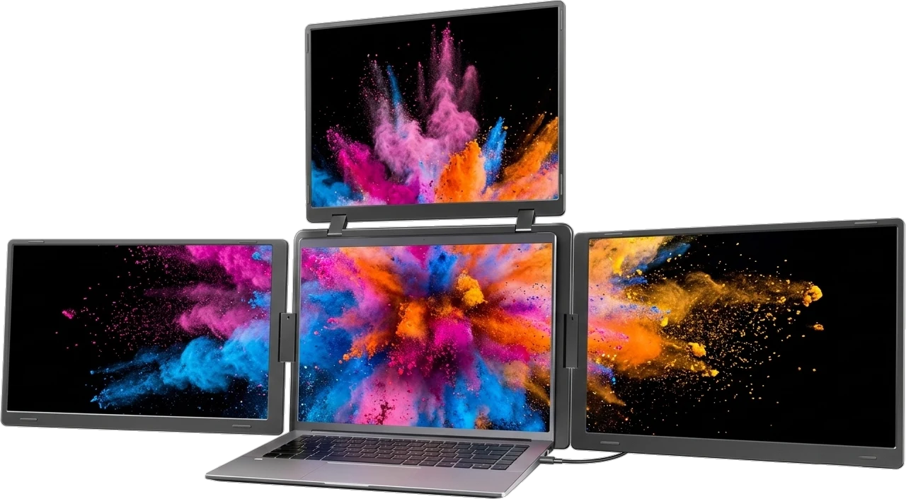 Dockup Triple Pro — laptop med tre 16-tommers skjermer som viser én fargeeksplosjon