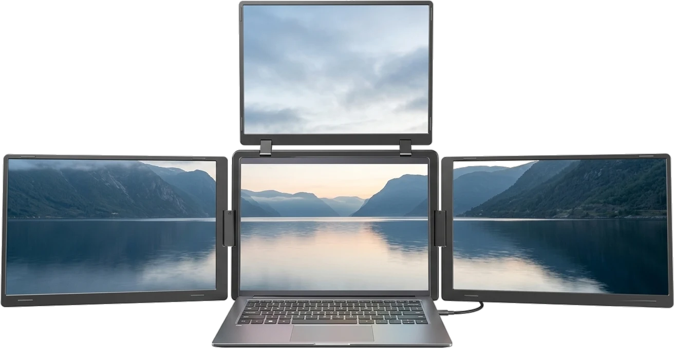 Dockup Triple Pro — laptop med tre 16-tommers skjermer som viser én sammenhengende fjord