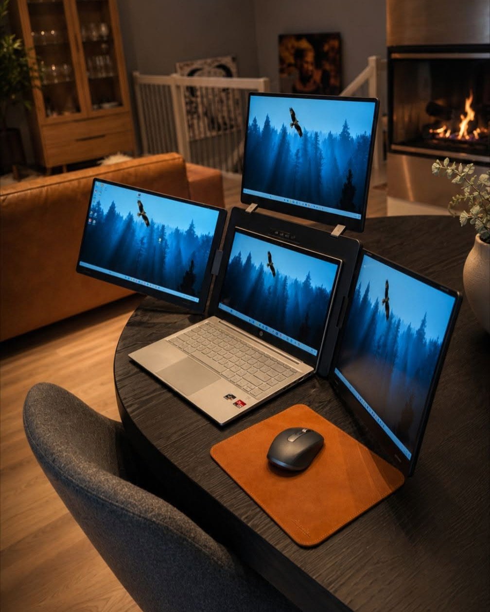 Dockup Triple Pro i bruk på spisebordet hjemme hos en kunde — tre skjermer brettet ut rundt laptopen, peis i bakgrunnen