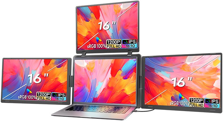 Dockup Triple Pro — tre 16-tommers skjermer folder ut fra laptopen
